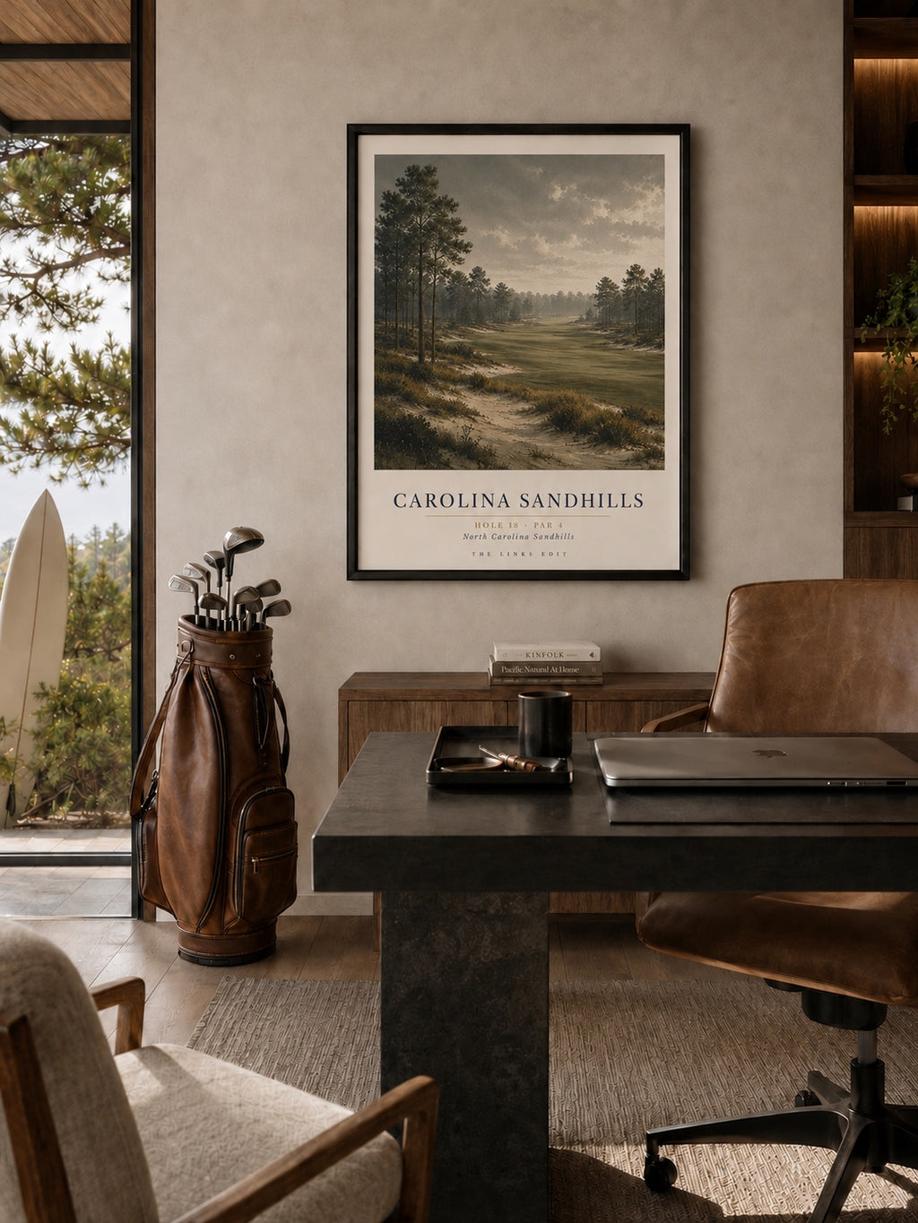 Carolina Sandhills fine art print shown in a styled office interior. Frame shown for presentation only.