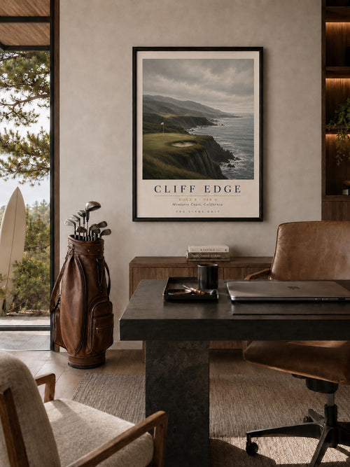 Cliff Edge fine art print shown in a styled office interior. Frame shown for presentation only.