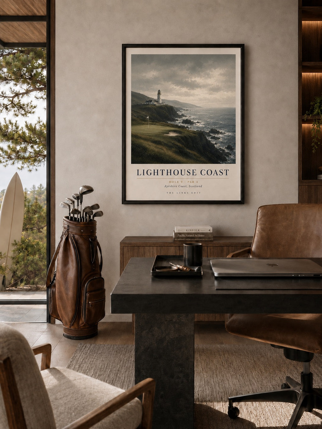 Lighthouse Coast fine art print shown in a styled office interior. Frame shown for presentation only.