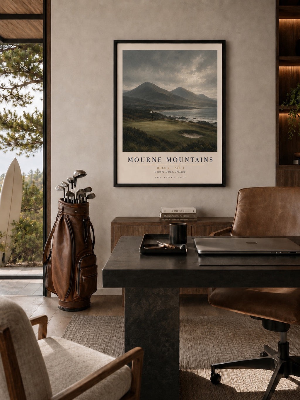 Mourne Mountains fine art print shown in a styled office interior. Frame shown for presentation only.