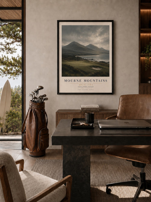 Mourne Mountains fine art print shown in a styled office interior. Frame shown for presentation only.