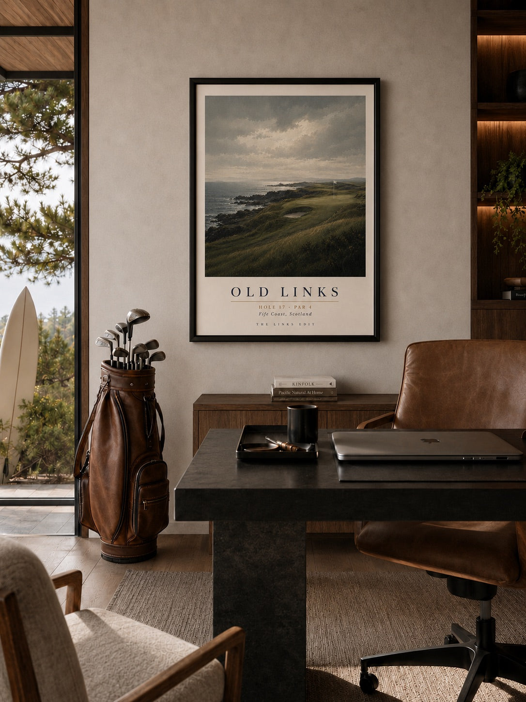Old Links fine art print shown in a styled office interior. Frame shown for presentation only.