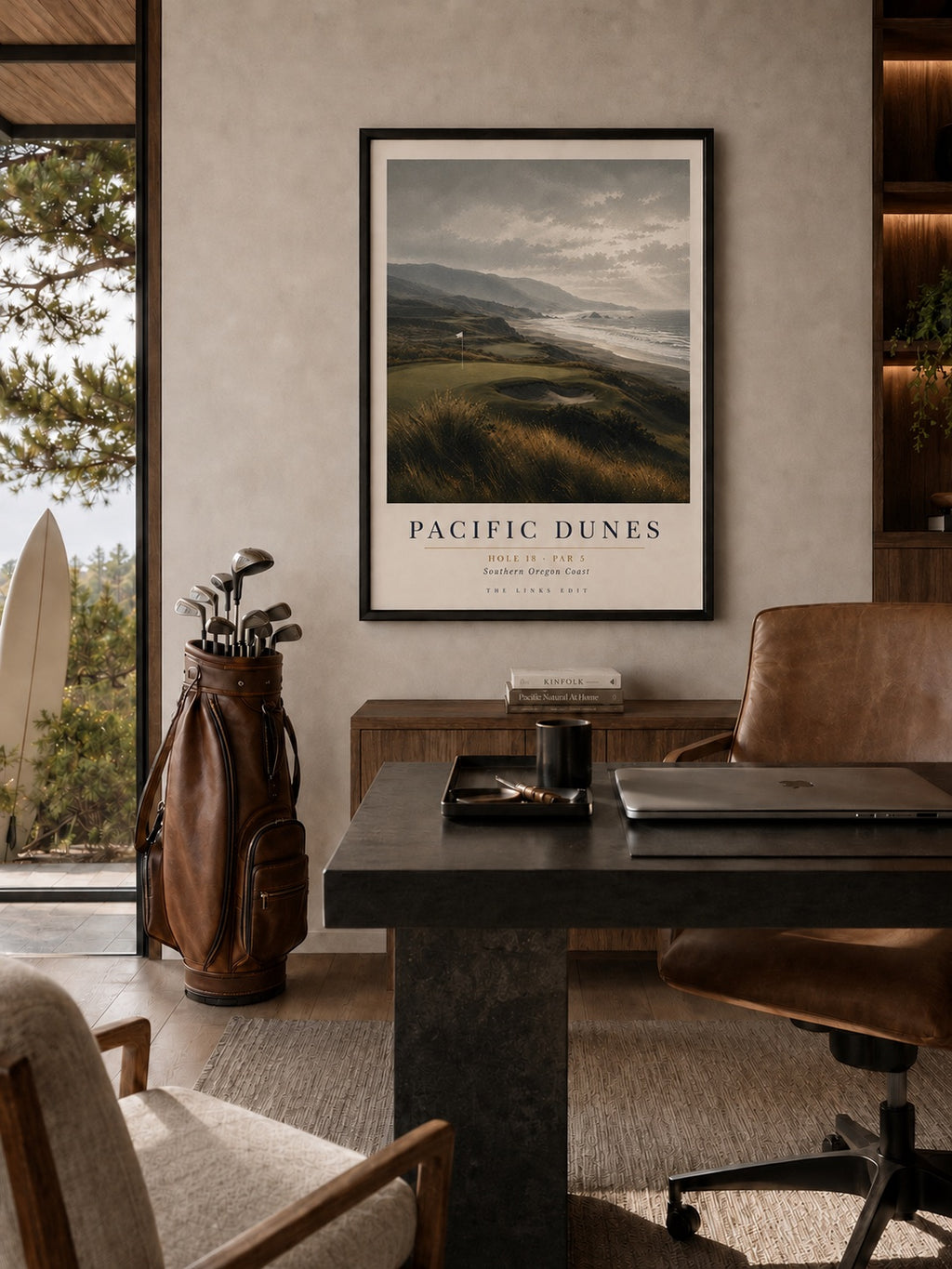 Pacific Dunes fine art print shown in a styled office interior. Frame shown for presentation only.